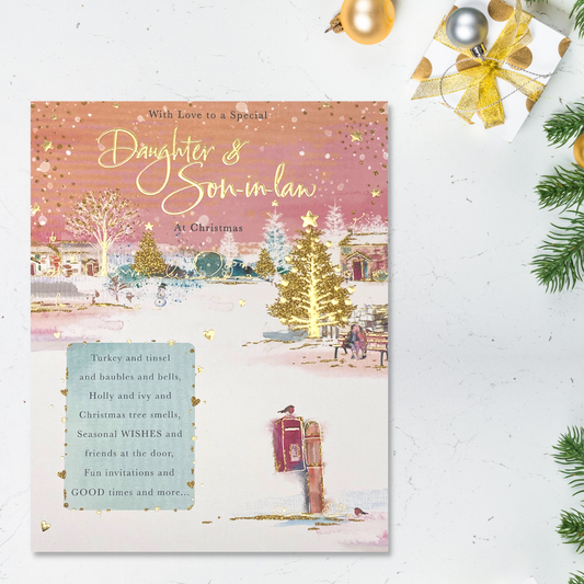Pink and orange themed card with gold trees in the snow, with verse