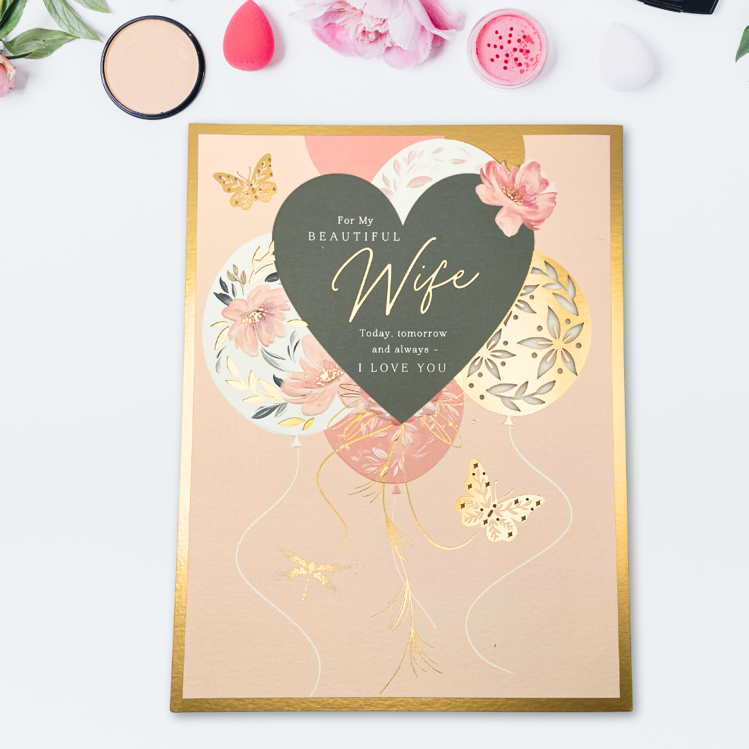 Wife Anniversary Card - Floral Balloons & Butterflies Large