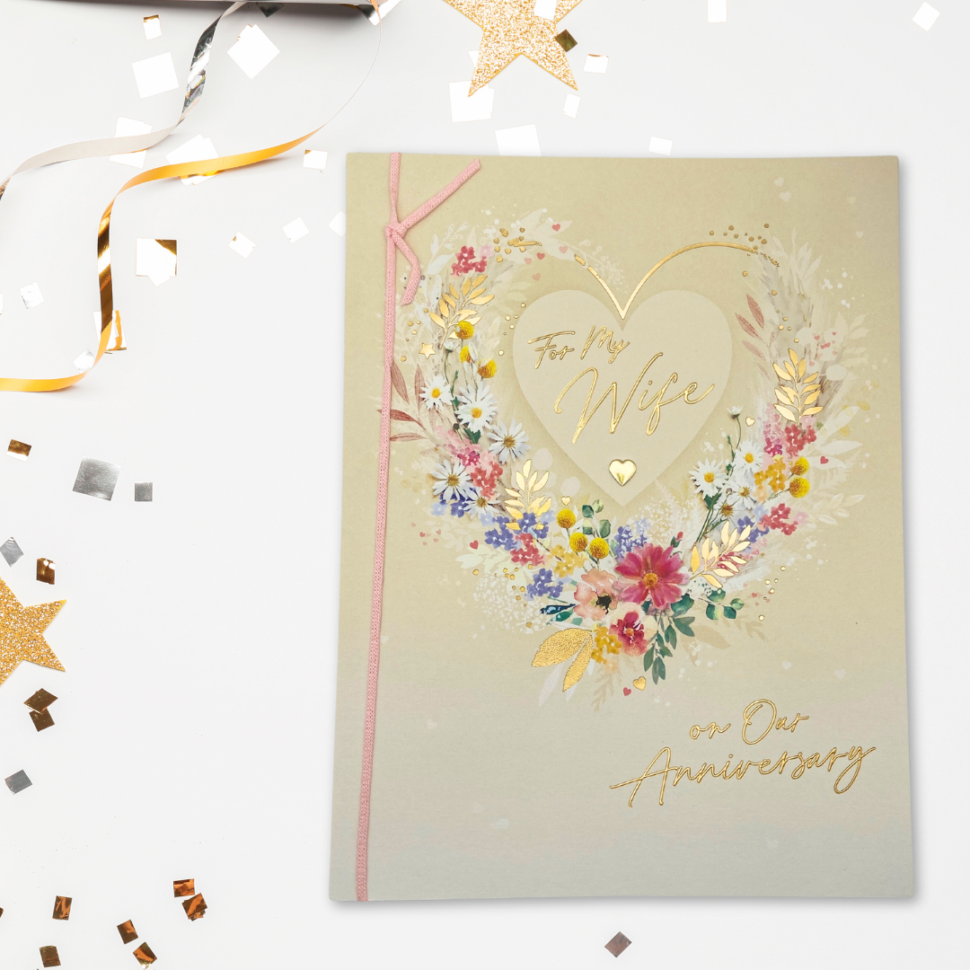 Wife Anniversary Card - Floral Heart With Pink Ribbon