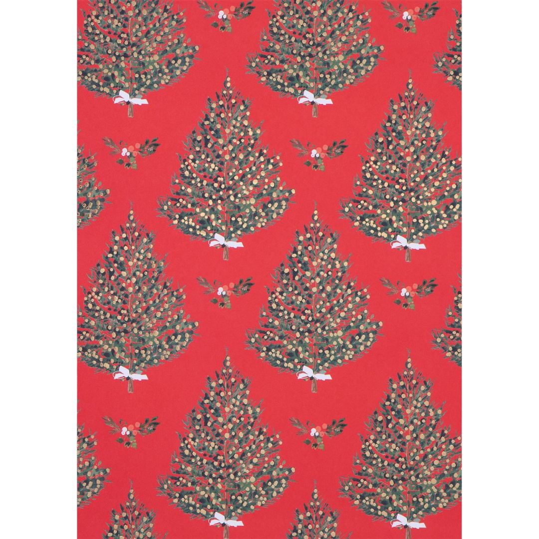 Red wrapping paper with Christmas trees and gold foil details