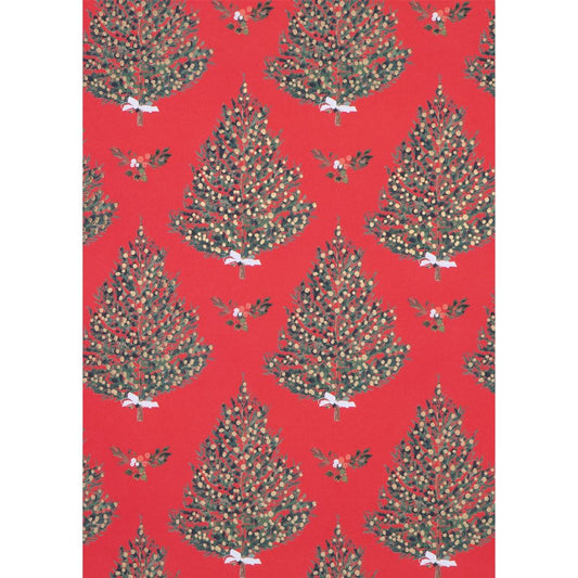 Red wrapping paper with Christmas trees and gold foil details