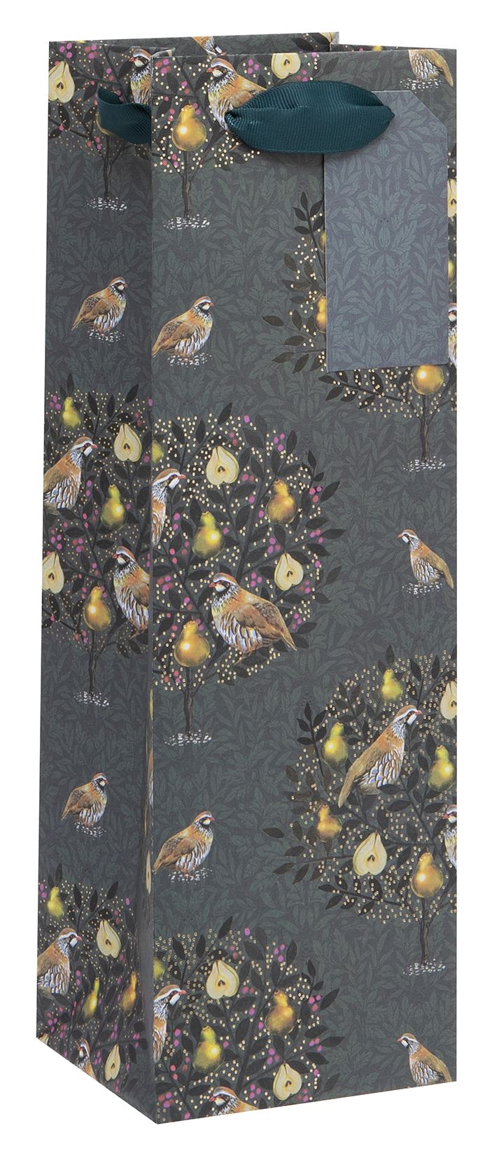 Black bag with foliage print, partridges in a pear tree and gold foil details