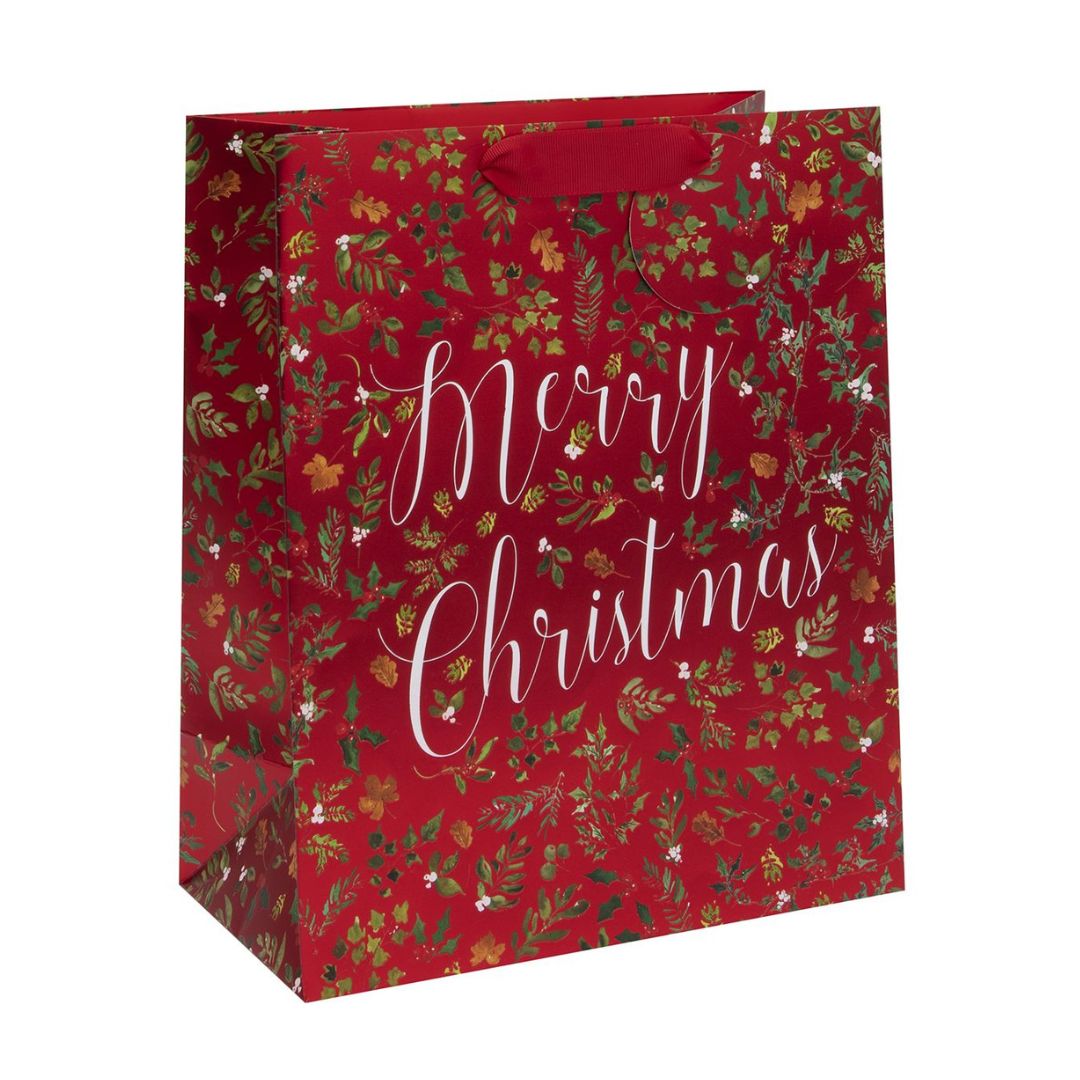 Red bag with foliage and berries with white Merry Christmas script text