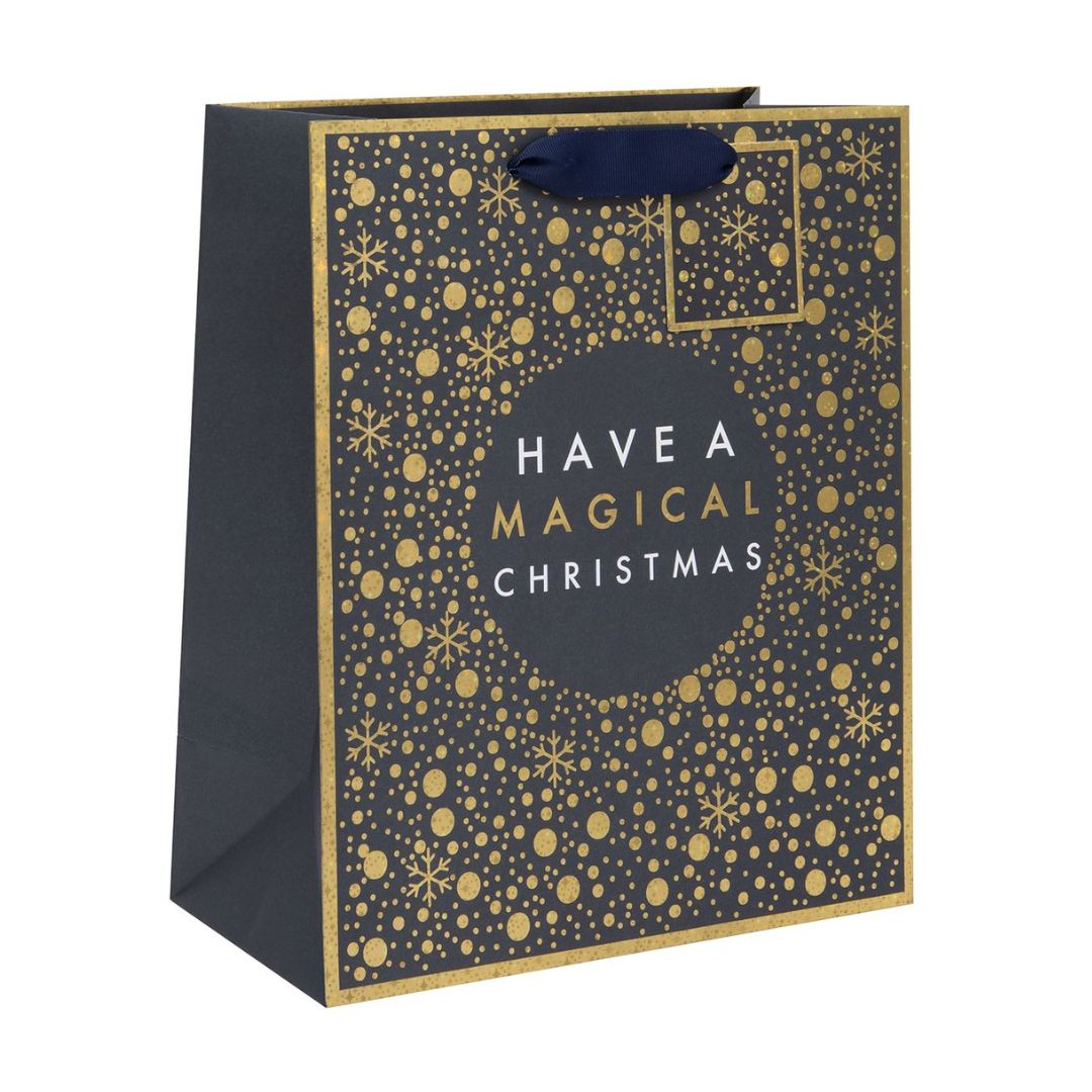 Black bag with gold border and star formation pattern, with magical text