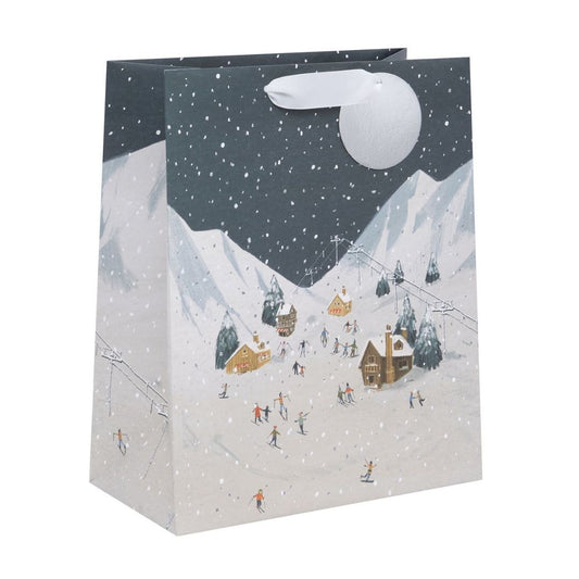 Navy and white bag with snowy piste scene and skiers