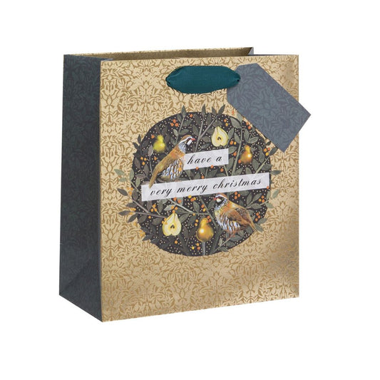 Gold foliage pattern with partridges in a pear tree. Gold foil details and ribbon handles