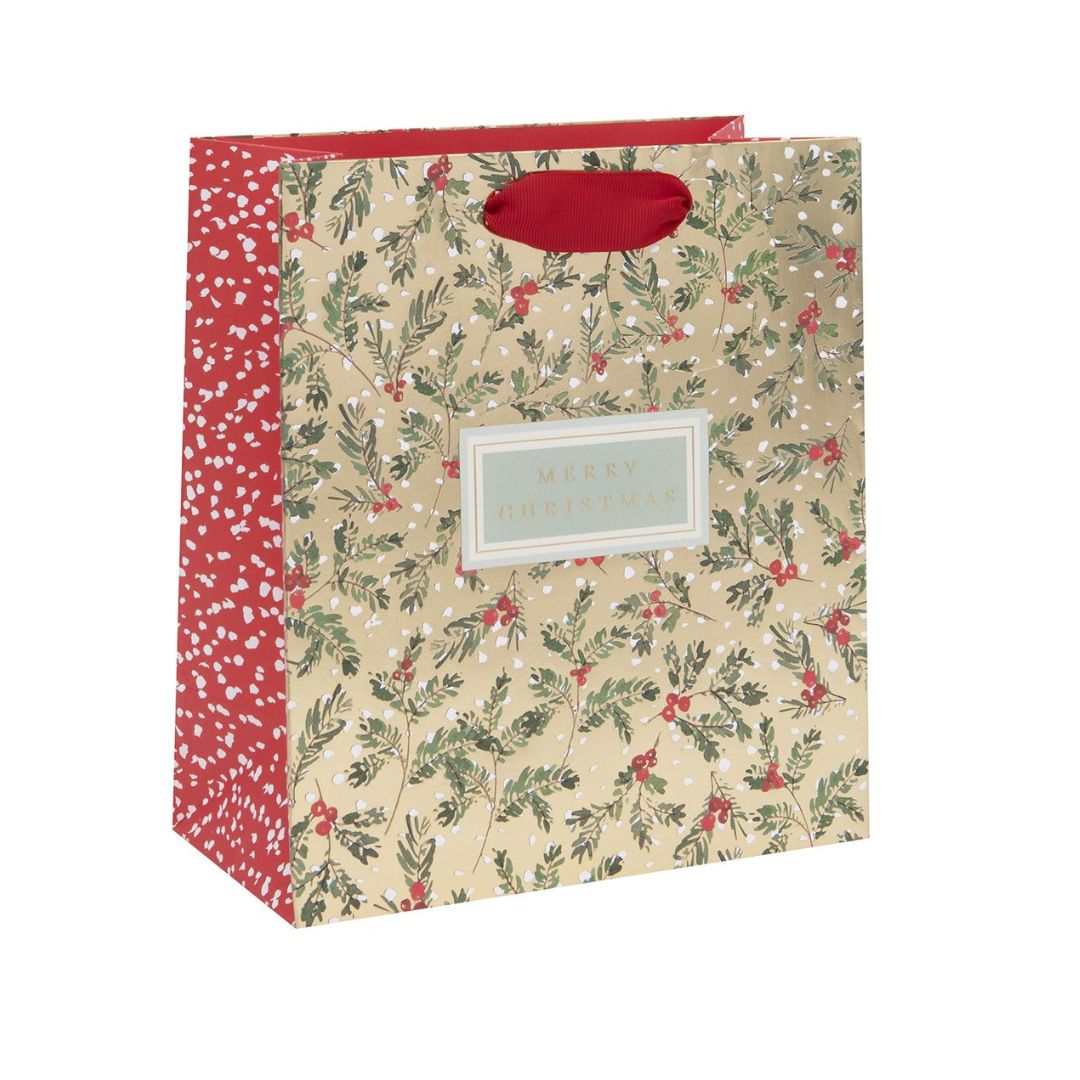 Gold bag with red side panels, foliage pattern and Merry Christmas text