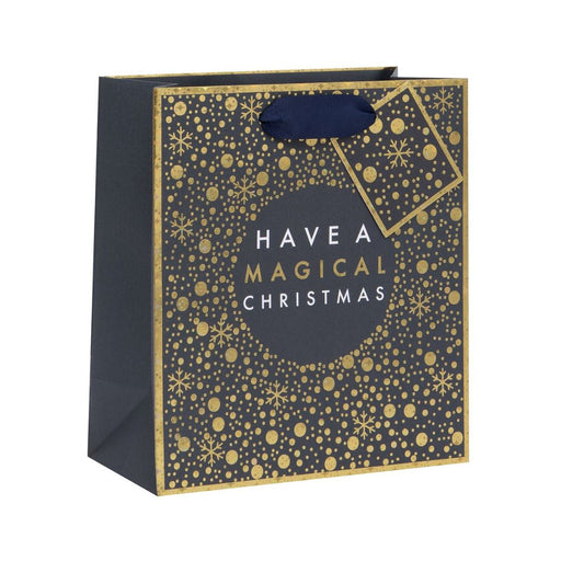 Black and gold gift bag with gold star formation and snowflakes with ribbon handles