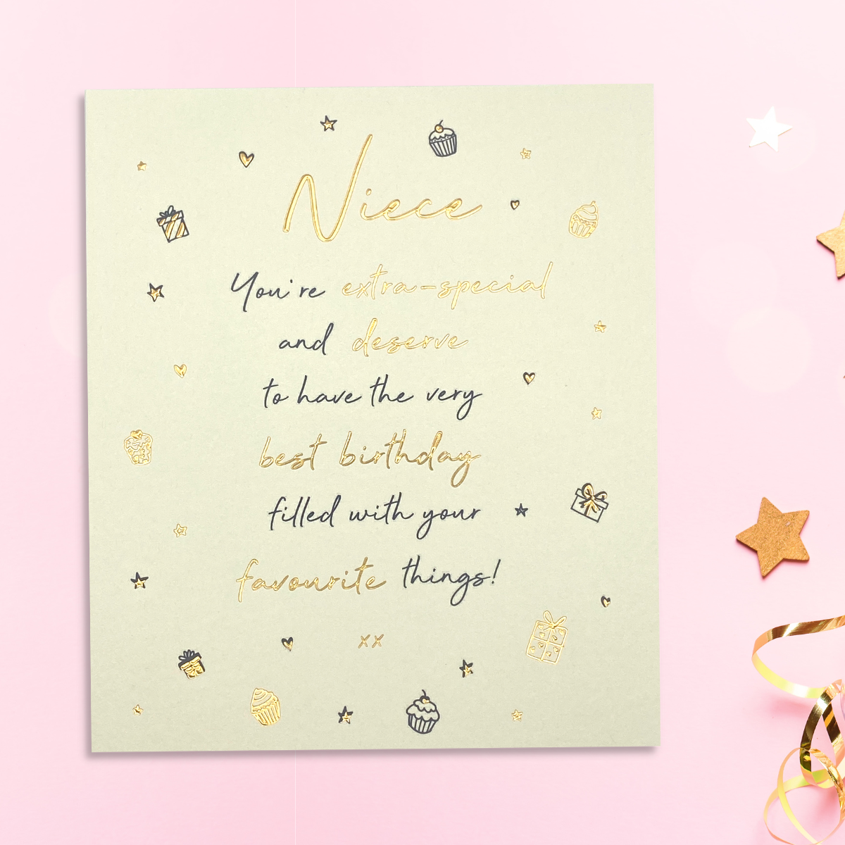 Cream square card with doodle gifts and cakes with gold foil verse