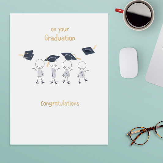 White card with stick man figures throwing mortar boards for graduation