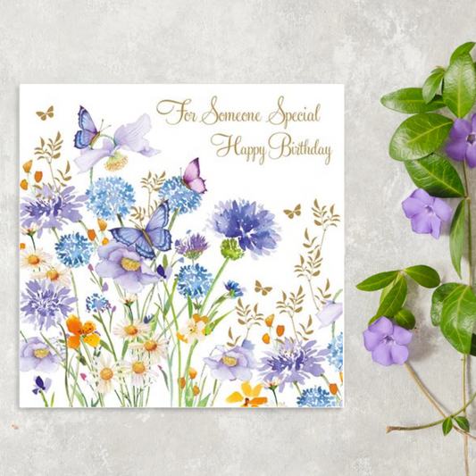 square card with lilac flowers and butterflies with gold foil text and details