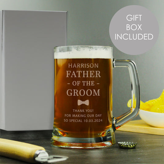 Personalised beer mug with engraved text, gift box included, on a wooden surface.