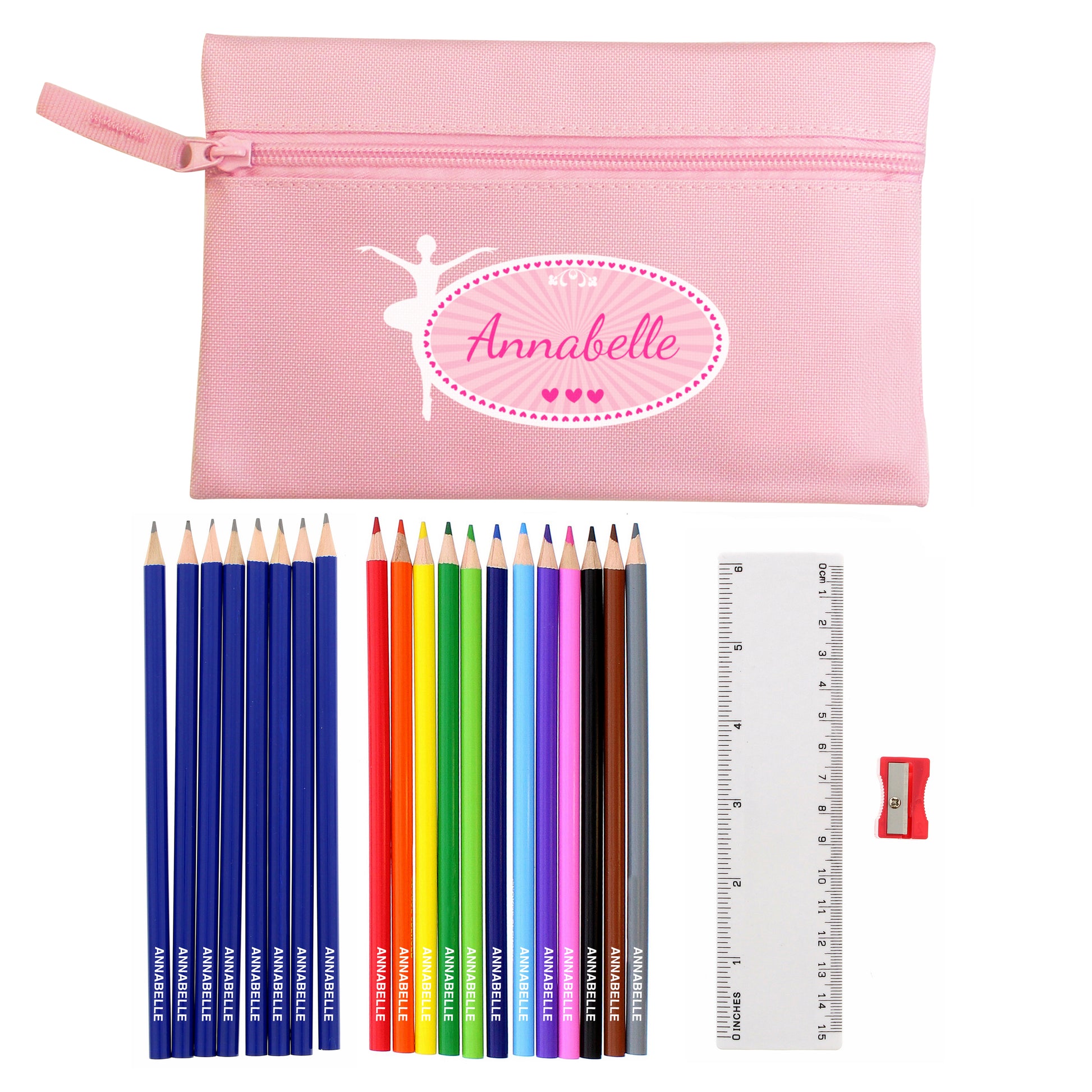 Pink pencil case with personalised design, coloured pencils, ruler, and sharpener on a white background