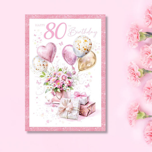 80th Birthday Card - Balloons & Gifts