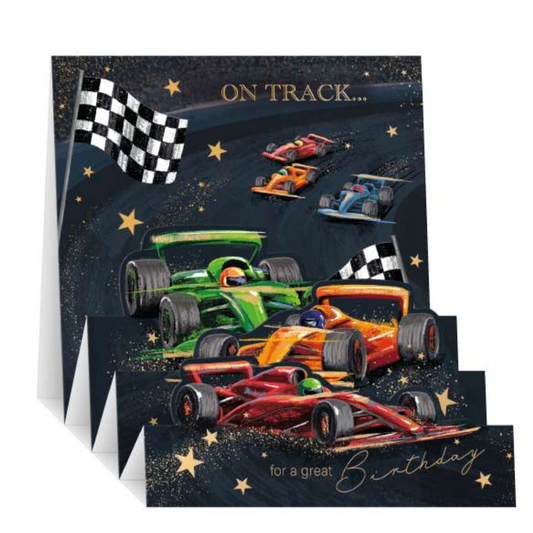 Zig Zag Pop Up Birthday Card - Racing Cars