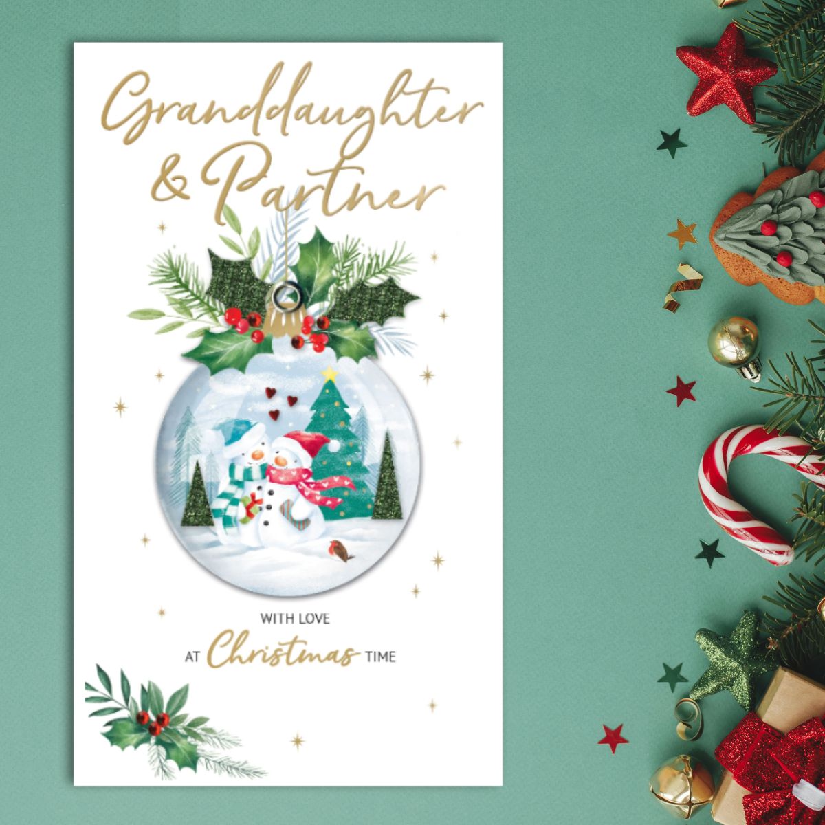 Granddaughter & Partner Christmas Card - Festive Bauble Embellished