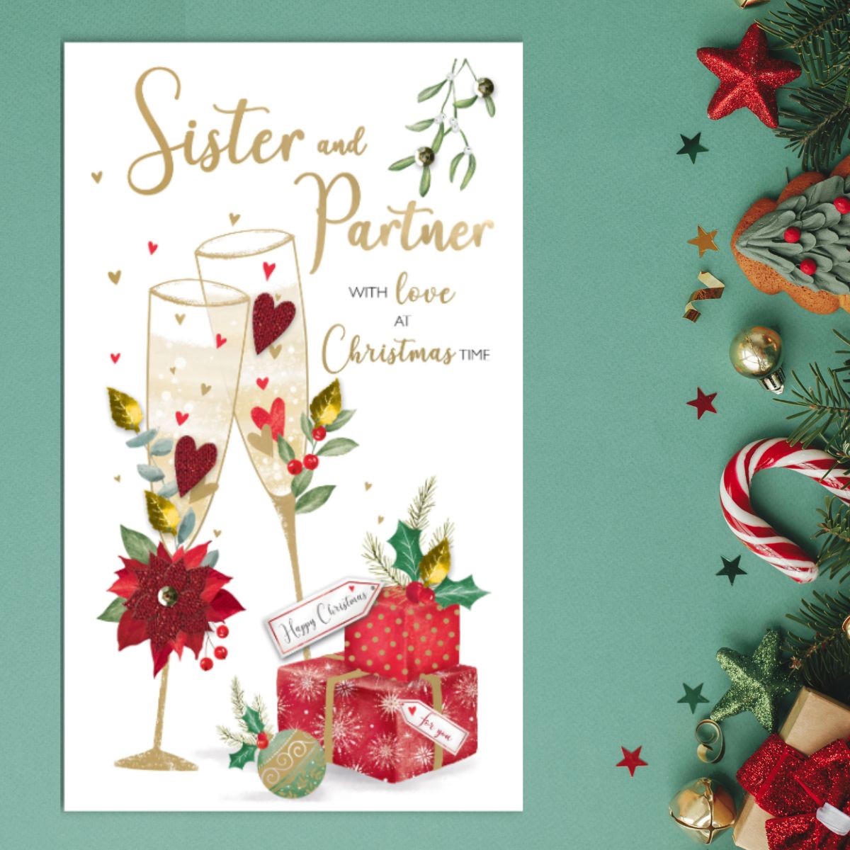 Sister & Partner Christmas Card - Festive Flutes Embellished