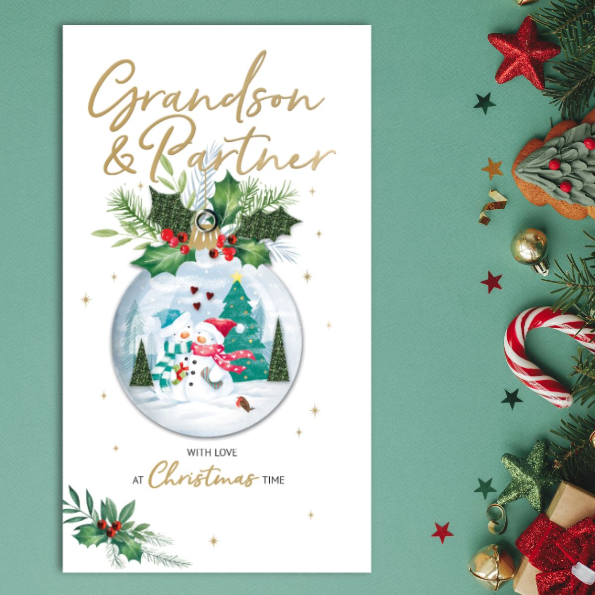 Grandson & Partner Christmas Card - Festive Baubles Embellished