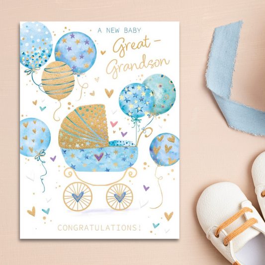 Birth Of Great Grandson Card - Pram & Balloons