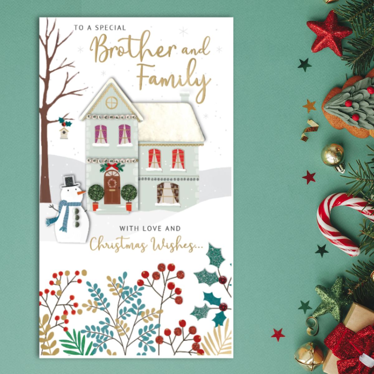 Brother & Family Christmas Card - Snowy House Embellished