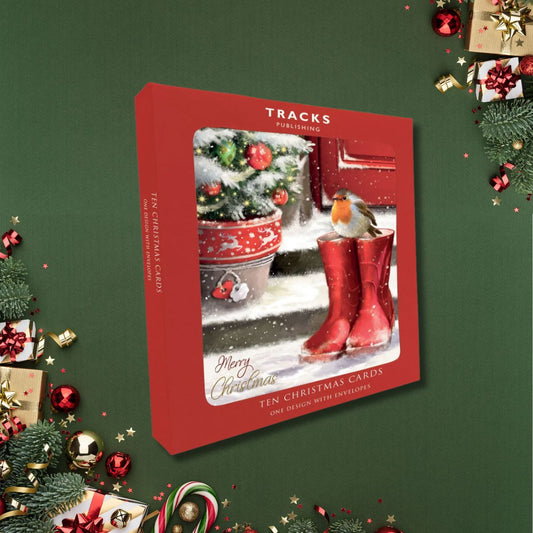 10 x Christmas Cards In Box - Robin In Red Wellies