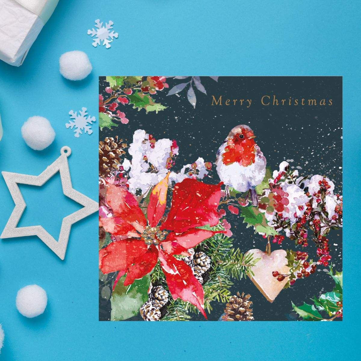 Charity Christmas Cards - 5 x Poinsettia Robin