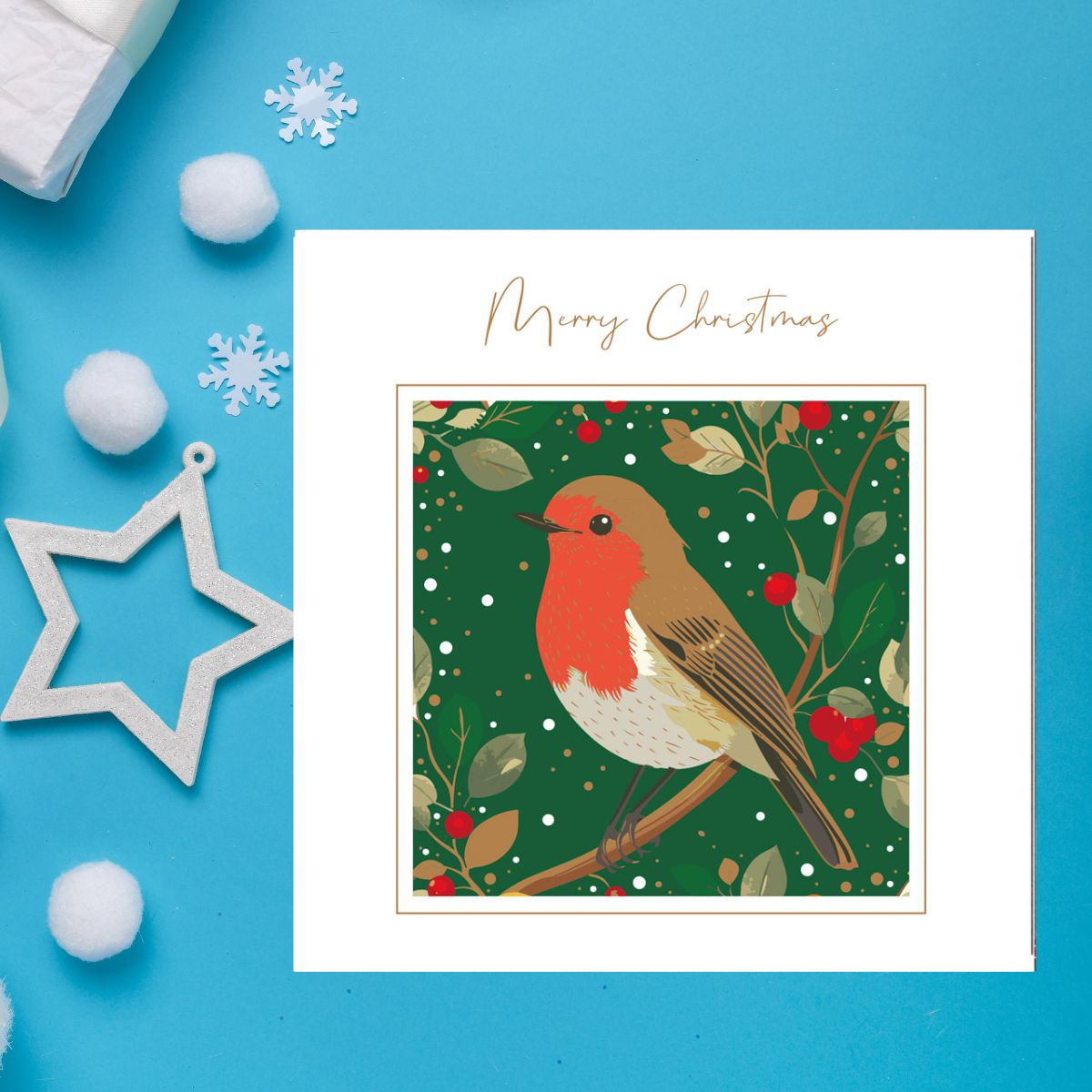Charity Christmas Cards - 5 x Gold Red Robin