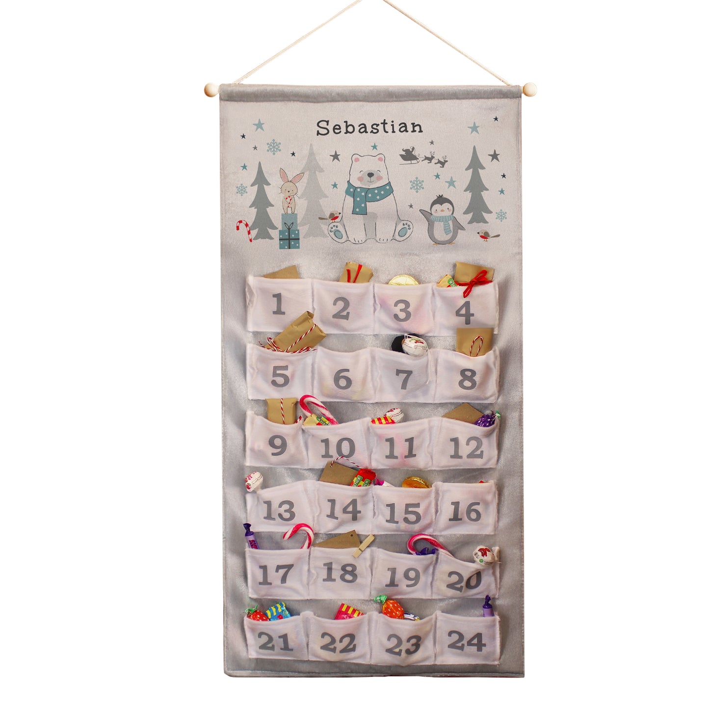 Advent calendar with cartoon characters and numbered pockets on a white background