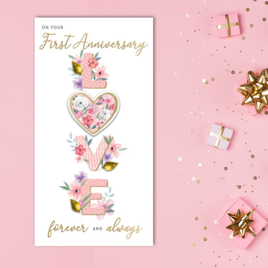 Happy 1st Wedding Anniversary Card - Champagne Decoupage Love