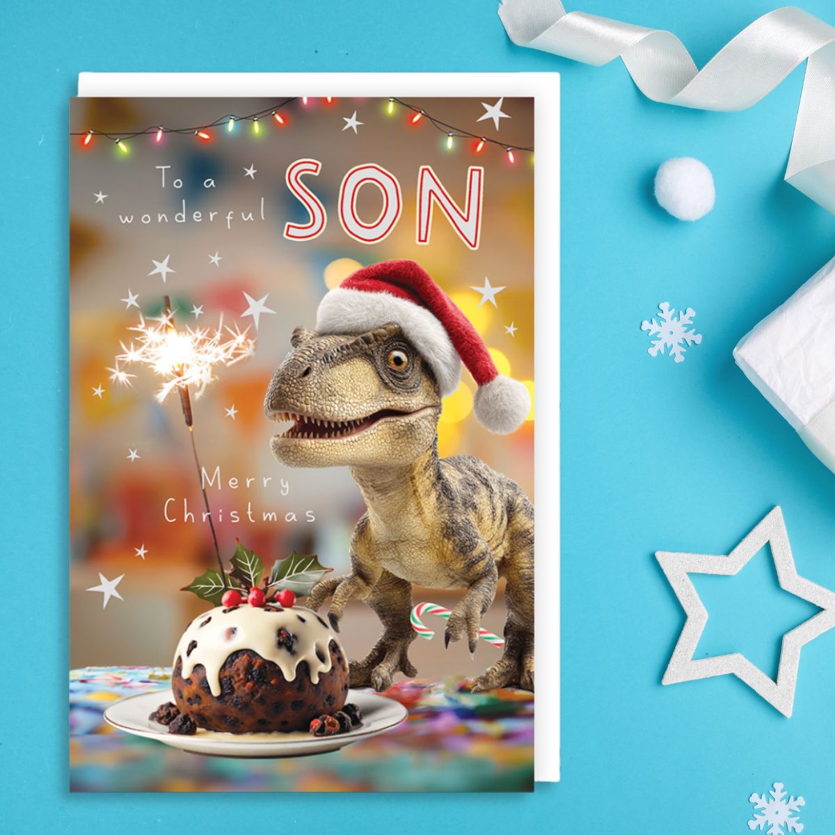 Son Christmas Card - Dinosaur & Christmas Pudding