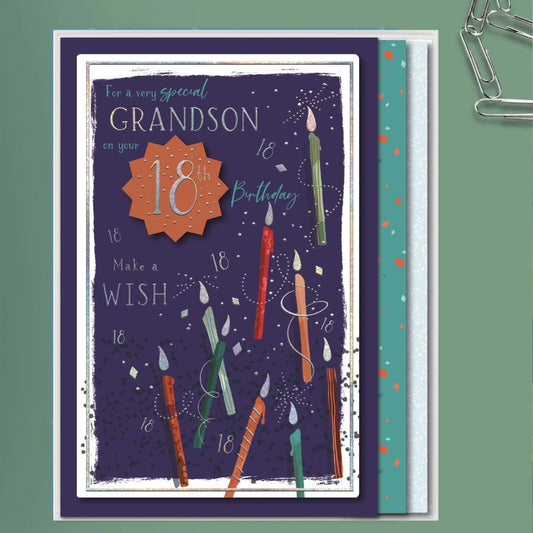 Grandson 18th Birthday Boxed Card - Cake & Gifts