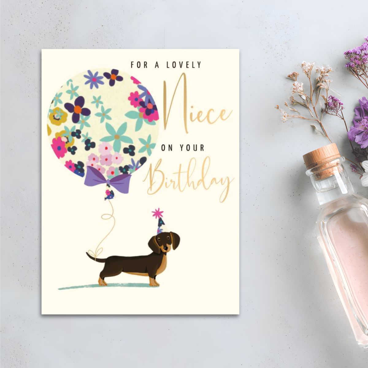 Niece Birthday Card - Sausage Dog & Balloon