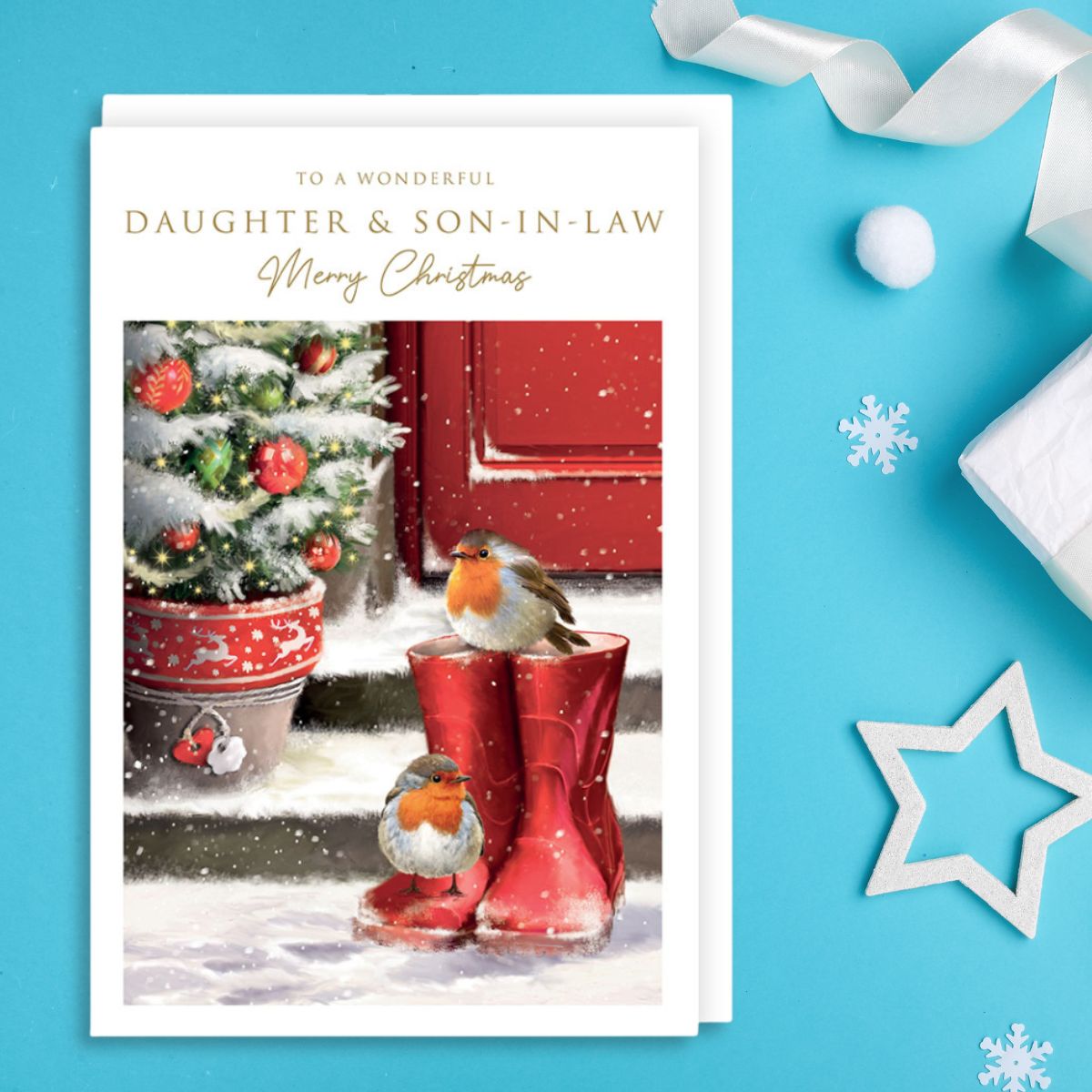 Daughter & Son-In-Law Christmas Card - Robins On Wellies
