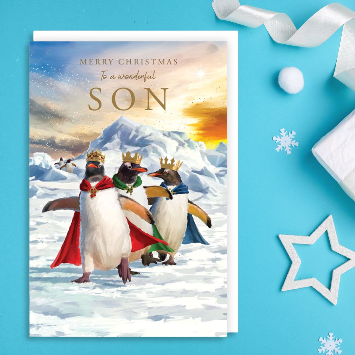 Son Christmas Card - We Three Penguins