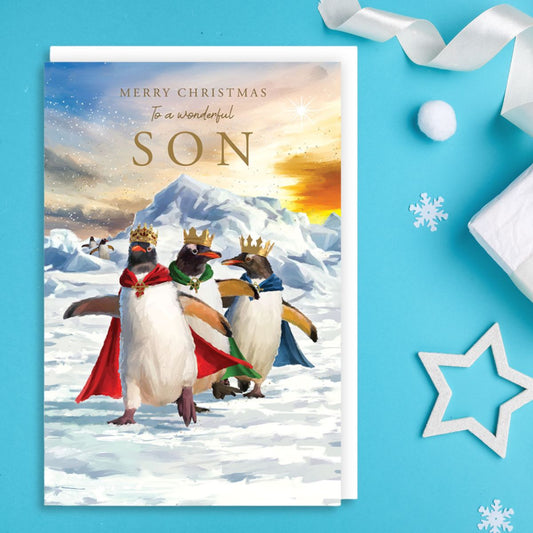 Son Christmas Card - We Three Penguins