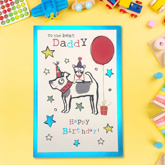 front image with blue foil border, doodle dogs and red balloon