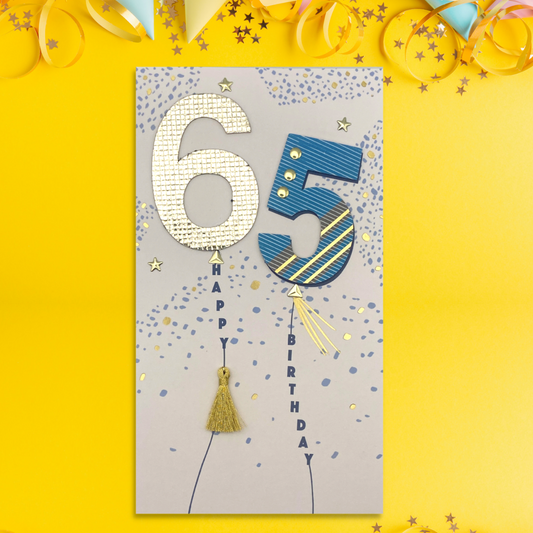 front image showing slim card with large decoupage numbers in blue and gold