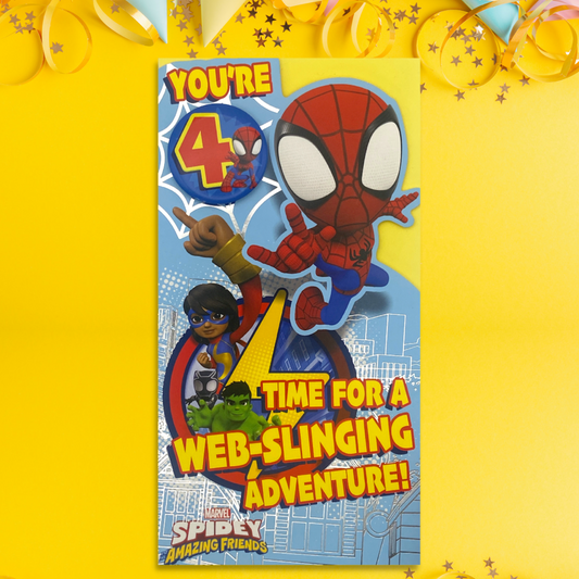 front image with spiderman graphics and badge