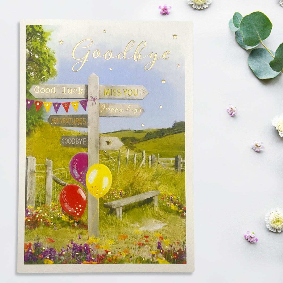 front image showing decorated sign in countryside with balloons