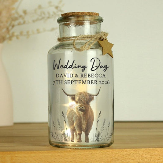 Personalised Highland Cow LED Light Up Jar - Wedding