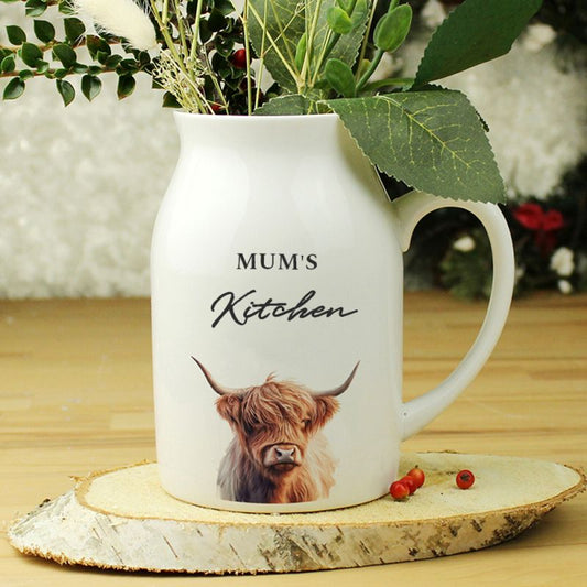 Personalised Highland Cow Flower Jug Vase - Mum