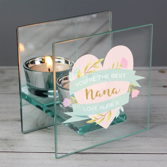 Nana Gift - Personalised Floral Heart Mirrored Glass Tea Light Holder