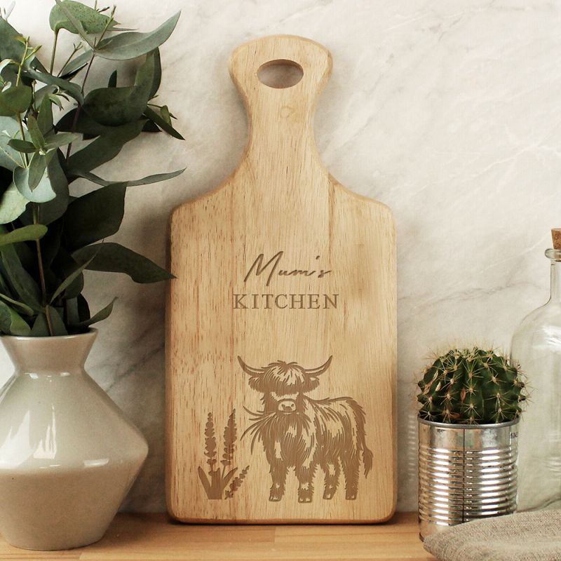 Personalised Highland Cow Paddle Chopping Board - Mum