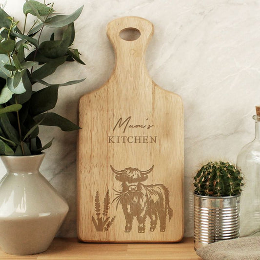 Personalised Highland Cow Paddle Chopping Board - Mum