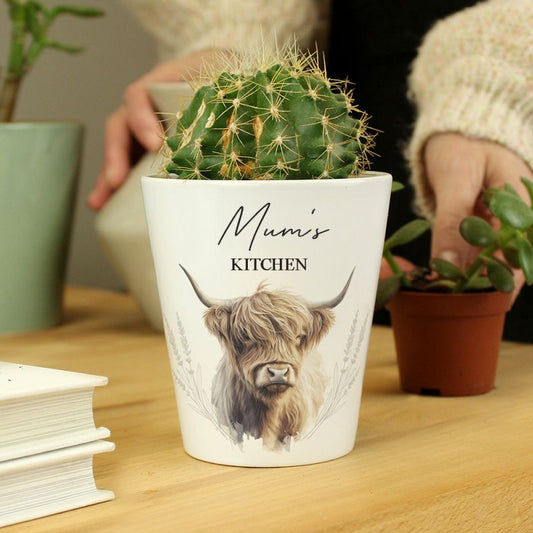 Personalised Highland Cow Plant Pot - Mum