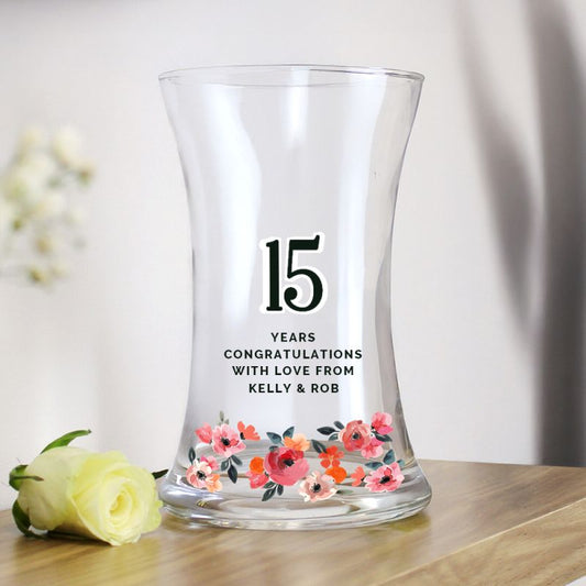 15th Anniversary Gift - Personalised Floral Waisted Vase