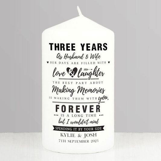3rd Anniversary Gift - Personalised Pillar Candle