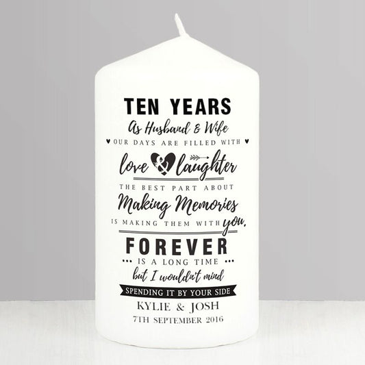 10th Anniversary Gift - Personalised Pillar Candle
