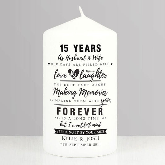 15th Anniversary Gift - Personalised Pillar Candle