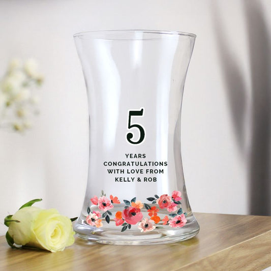5th Anniversary Gift - Personalised Floral Waisted Vase
